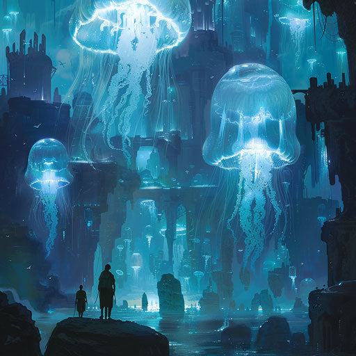 Mythical underwater kingdom guarded by giant glowing jellyfish