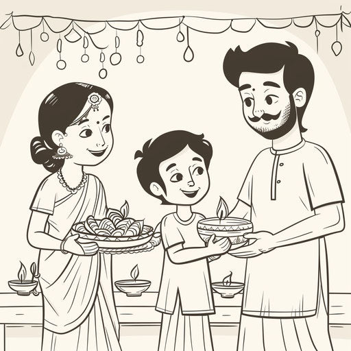Cartoon family exchanging gifts during Diwali