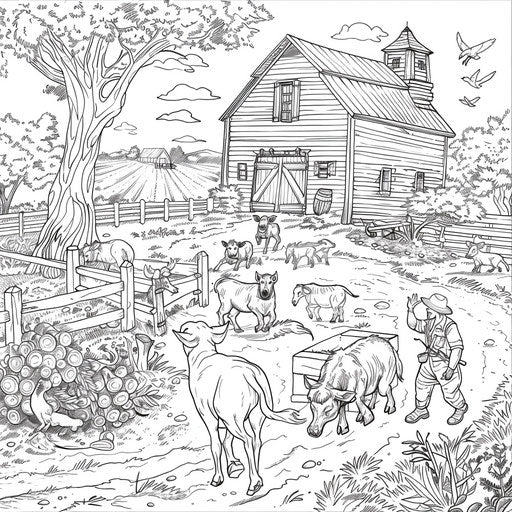Playful scene of a farmer and animals having fun outside the barn.