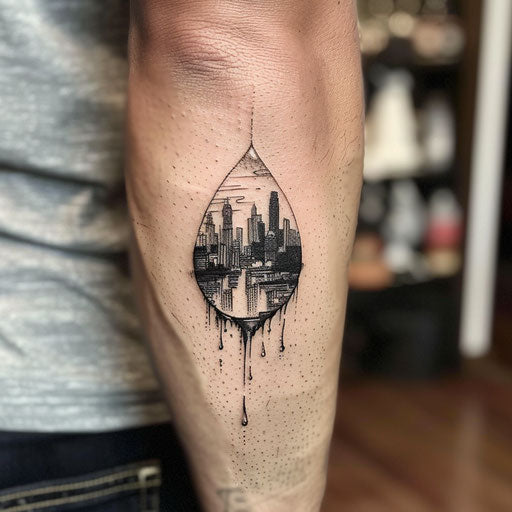 Contemporary flat tattoo sketch of a micro realism cityscape viewed through a raindrop