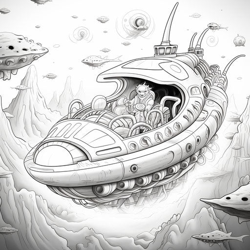 Alien Spaceships Coloring Page in Black and White