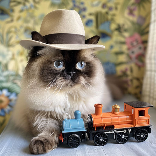 Himalayan cat wearing a tiny hat, sitting next to a toy train