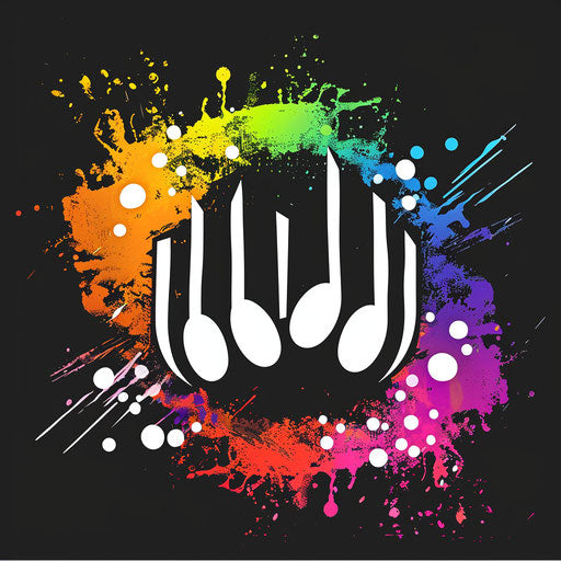 Audio logo in white and black with a colorful splash background