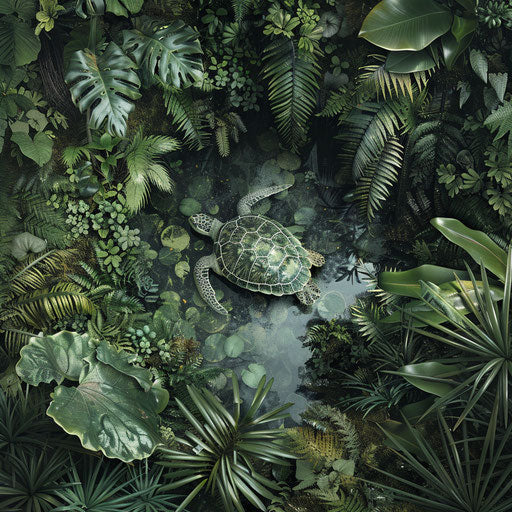 Turtle emerging from pond surrounded by lush greenery, Tim Flach style