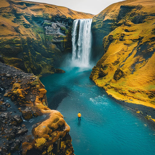 Skogafoss waterfall with crystal clear waters and rugged cliffs