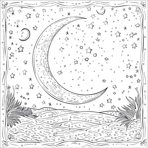 Starry night with crescent moon and twinkling stars