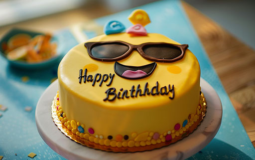 Birthday cake with smiling emoji and sunglasses
