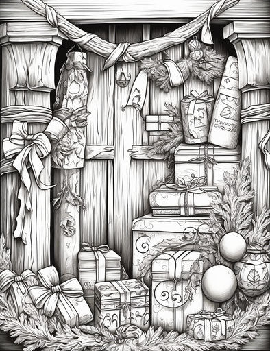 Christmas coloring pages with ornaments and gifts in instax film style