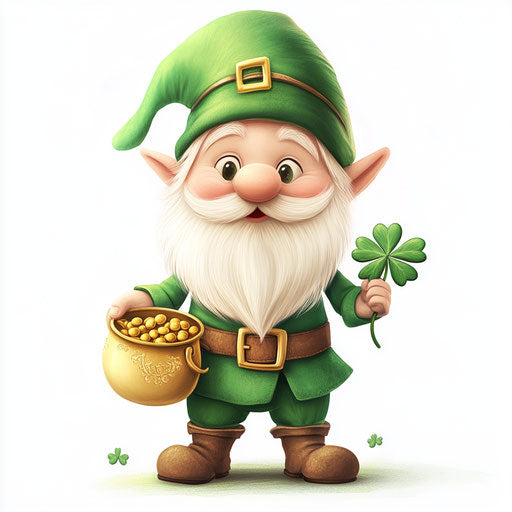 St. Patrick's Day clipart of cute gnome with pot of gold.