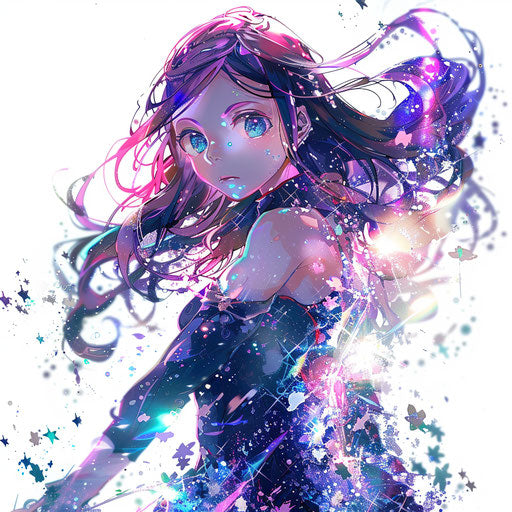 Animated girl with magical abilities, surrounded by sparkling effects, tattoo artwork presented on white background.