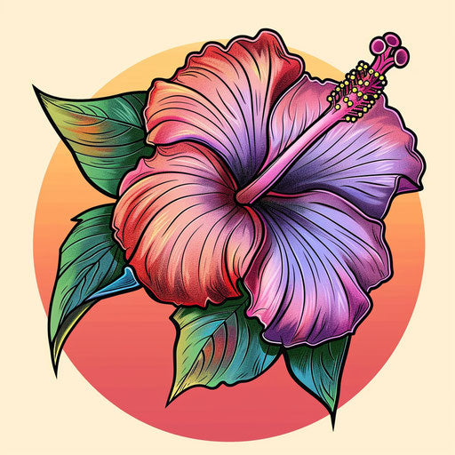 Dynamic flat tattoo sketch of a blossoming Hawaiian flower with sunset colors gradient