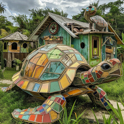A turtle with a shell made of recycled materials