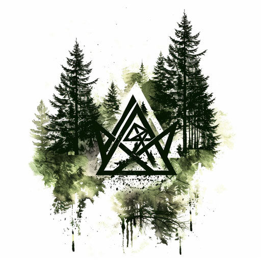 Nordic-inspired forest tattoo design with runic symbols and thick foliage, presented on a white backdrop.