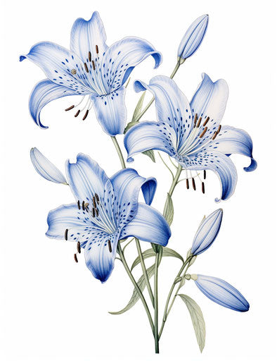 Blue drawing of lilies, detailed linework style