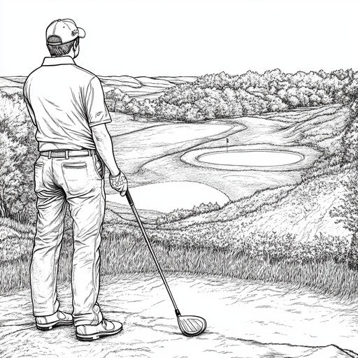 Realistic golf game with scenic background in Stephen Wiltshire style