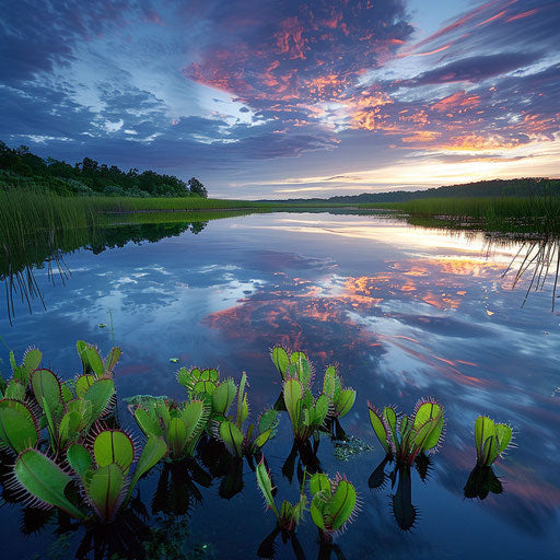 Serene pond with Venus flytraps along water at sunset
