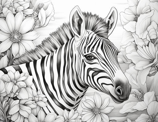Rainbow flower zebra coloring page, soft landscape style