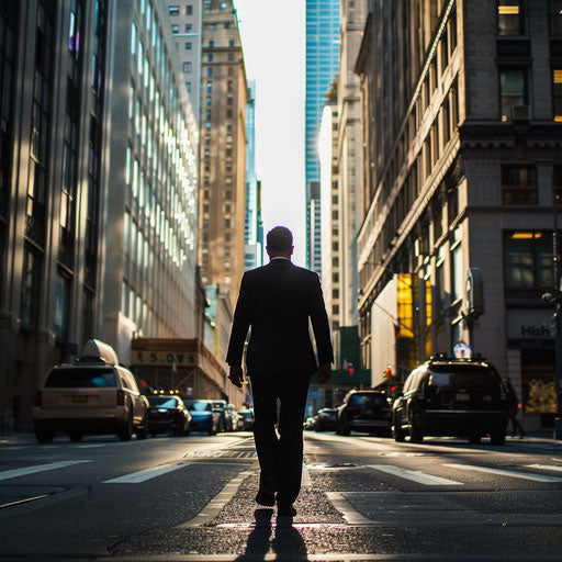 Businessman walking purposefully through financial district