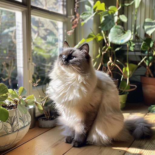 Himalayan cat sitting by a sunny window with plants in the background
