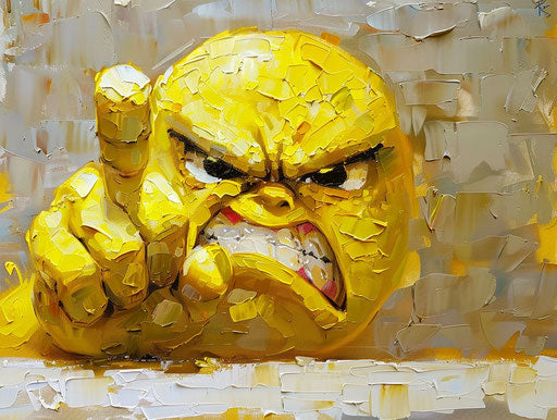 Angry emotion with two fingers, CC BY style, yellow, intriguing detail, massurrealism