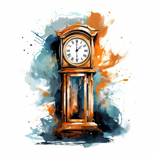 Grandfather clock art in Impressionistic style, on white background