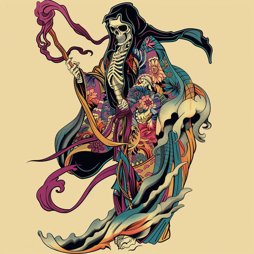 Vibrant flat tattoo sketch of a colorful shinigami