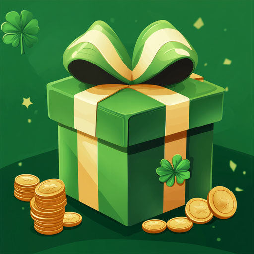 St. Patrick's Day cartoon with gift box, gold coins on green background