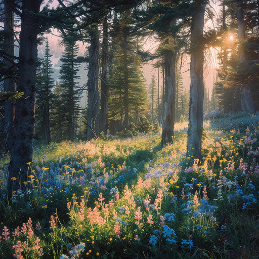 Whitebark pine forest at dawn, long shadows on wildflowers