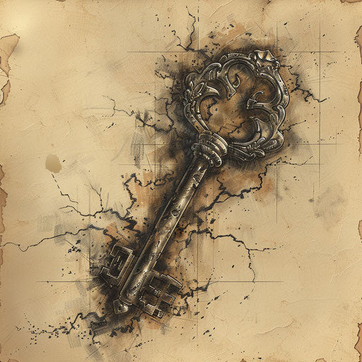 Industrial tattoo sketch of a rusty iron key with metallic textures and dark shading