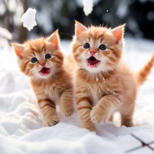 Orange cat kittens playing in the snow