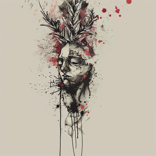 Contemporary flat tattoo sketch with a sage motif and splattered paint effect