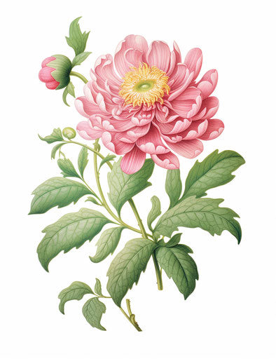 Pink flower on white background with green leaves classic tattoo style