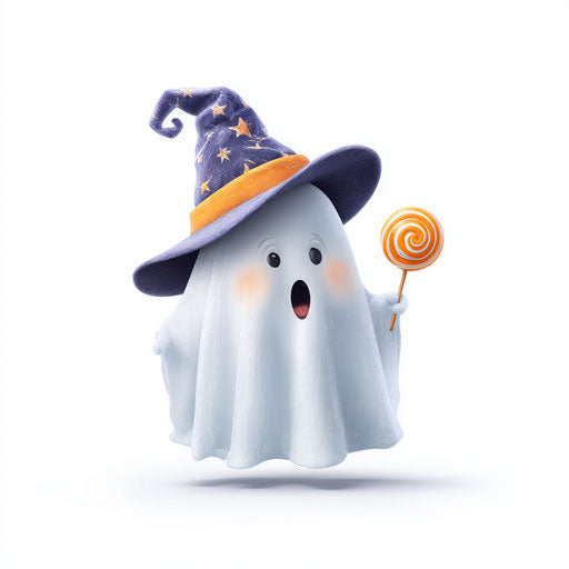 A cheerful cartoon ghost with a wizard hat and lollipop