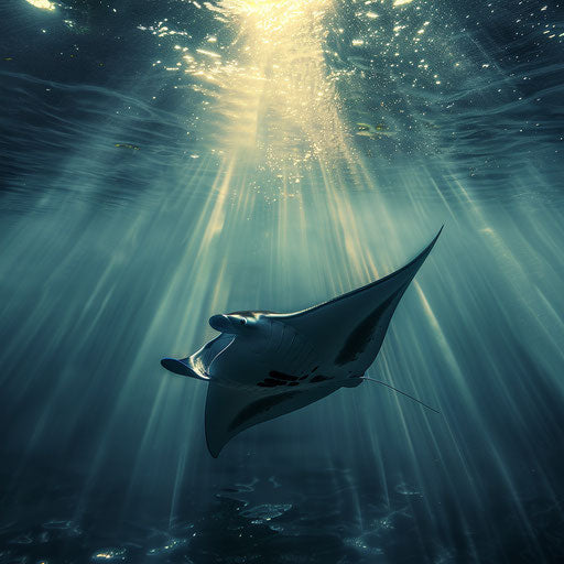 Manta ray in a tranquil sea with rays of sunlight penetrating the water