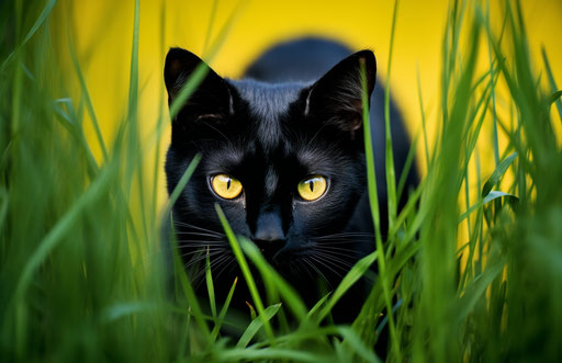 Black cat on green grass, explosive pigmentation style