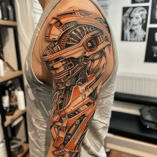 Biomechanical tattoo with bold outlines