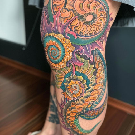 Knee tattoos with abstract fractals in the style of Guy Aitchison