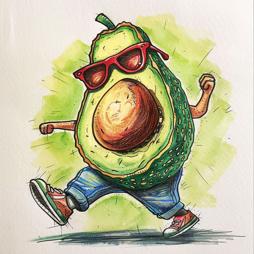 Whimsical flat tattoo sketch of a dancing avocado