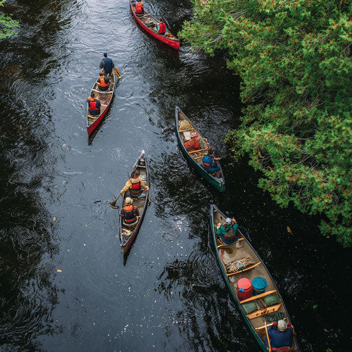 Aerial View of a Scenic River with Colorful Canoes