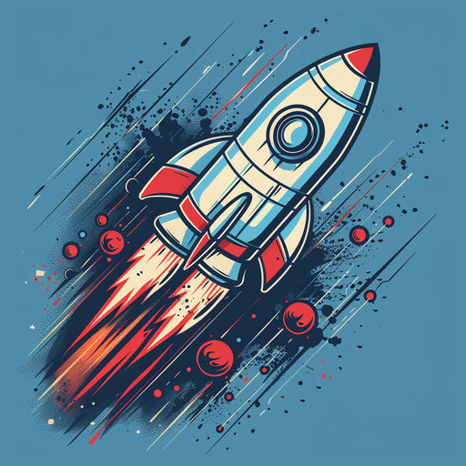 Dynamic flat tattoo sketch of a rocket blasting off with speed lines, vivid red and blue, clipart style
