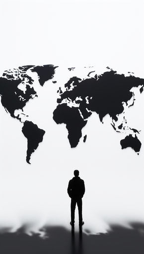 Black world map silhouette on white background, David Burdeny style