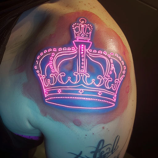 Bright neon king crown in light pink and blue on white background