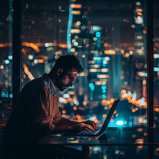 Businessman working late, city lights glowing