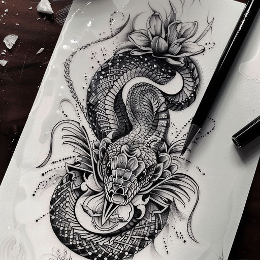 Elegant cobra tattoo sketch in black and white with intricate lace details