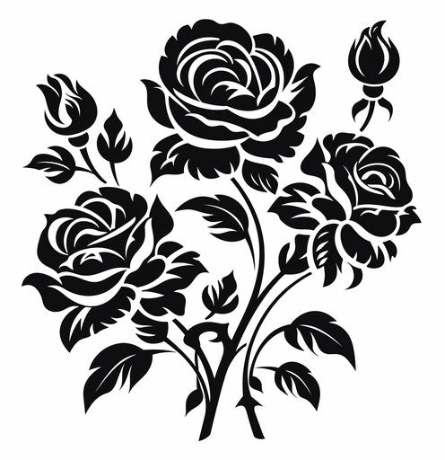 Silhouette of roses on white, bold traditional style