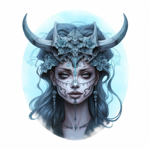 Tattoo girl woman's headdress blue turquoise white, vanitas, animals, devilcore, lith printing, dau al set, sketchy