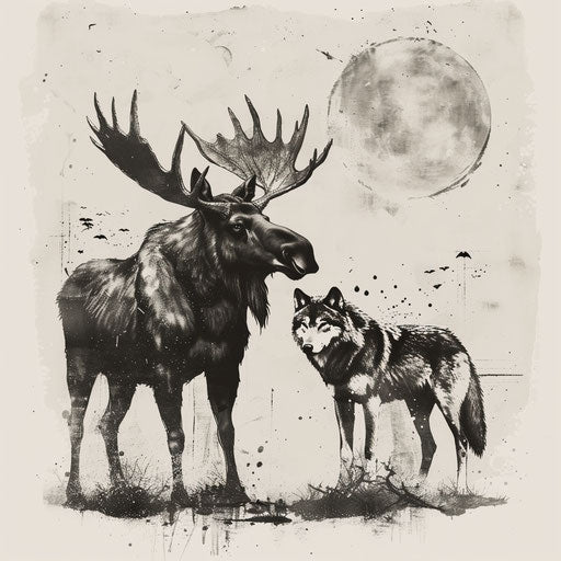 A moose and a wolf standing side by side in harmony