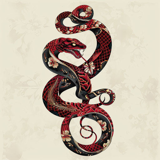 Decorative flat tattoo sketch of a red snake with Baroque patterns