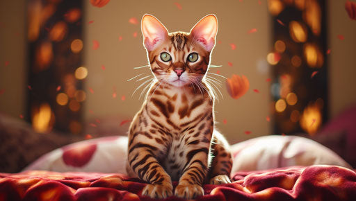 A Bengal cat sitting on a bed looking into the camera