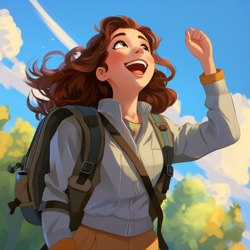 Girl laughing with backpack, animated film pioneer style
